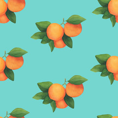 Watercolor branches with oranges seamless pattern. Bright, memorable, print for textiles, wedding invitations, postcards, wallpapers, phone or laptop cases and other printed materials.