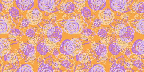 Autumn Watercolor Floral Seamless Patterns with packaging and scrapbooking. colorful pink and yellow branch and Roses Flower on orange Background