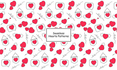 Seamless hearts pattern, message, flag in red on white background