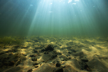 Beautiful sand bottom in sunlight. Sea floor view of small stones on a sand. Crystal clear lake...