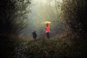 Girl with a dog walking in foggy weather in the forest - 479524934