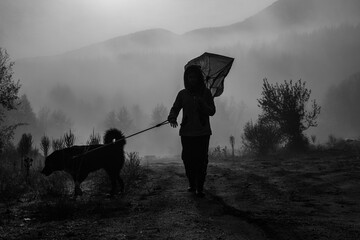 Girl with a dog walking in foggy weather in the forest - 479524944