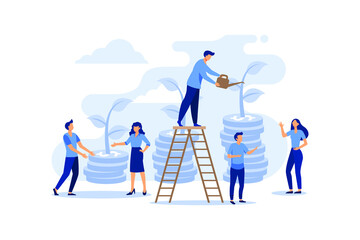Vector creative illustration of business graphics, the company is engaged in the joint construction and cultivation of cash profits, career growth to success, flat color icons, business analysis