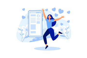 social networks, mutual likes, a joyful girl with a phone in his hand puts likes on a background of flowers flat vector illustration 