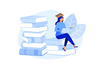 a graduate girl sitting on books with laptop surrounded by greenery. graphic design for language courses, online education.