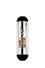 A silver metal mezuzah with colorful stones on white background