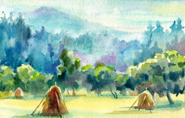 Rural landscape with haystacks, forest and mountain silhouettes. Summer and spring watercolor illustration.