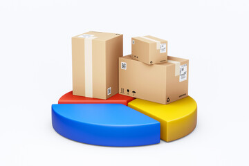 Logistics cargo industry of delivery pie chart shipping business data concept or commercial transport freight goods box storage industrial and export information graph isolated on white 3d background.