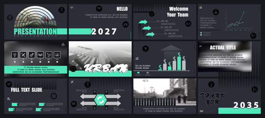 Fototapeta premium Template presentation. Design elements green of infographics for business slides on a black background. Use as a postcard, annual report, marketing, banner advertising, design services, Vector, logo
