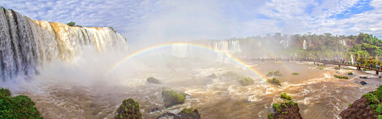 Part of The Iguazu Falls with rainbow seen from the Argentinian National Park. Border of Brazil and Argentina. National Park. South America, Latin America.