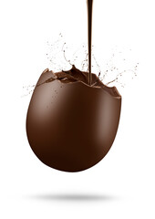 Broken chocolate easter egg with choco splashing on white background