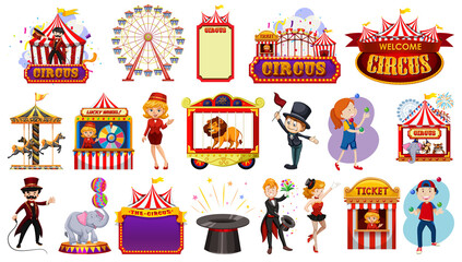 Set of circus characters and amusement park elements © blueringmedia