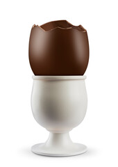 Broken chocolate easter egg on egg cup,  on white background