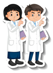 Scientist couple kids cartoon character sticker