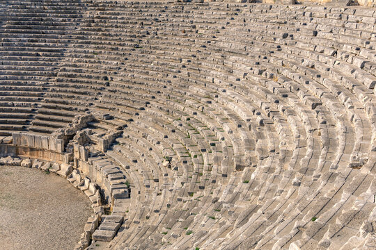 view of the arena and stands of the antique amphitheater in the ruins of Myra (Demre, Turkey)