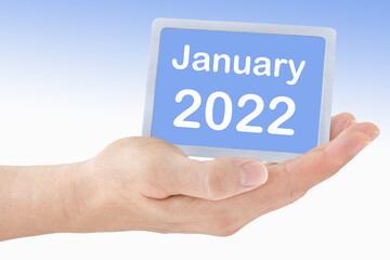 Hand and blue sign January 2022