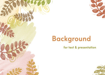 Background for text with watercolor splash and leaves. Multicolor Backdrop.