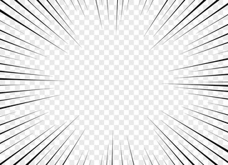 Manga comic effect banner with speed rays in retro style. Comicbook frame with black action lines, speed effect on transparent background. Cartoon strips for decoration