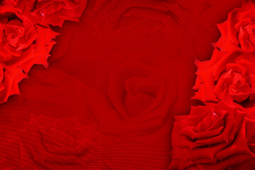 Naklejka premium bouquet of roses, top left corner and bottom right corner on red line on blur red roses background, nature, banner, template, name card