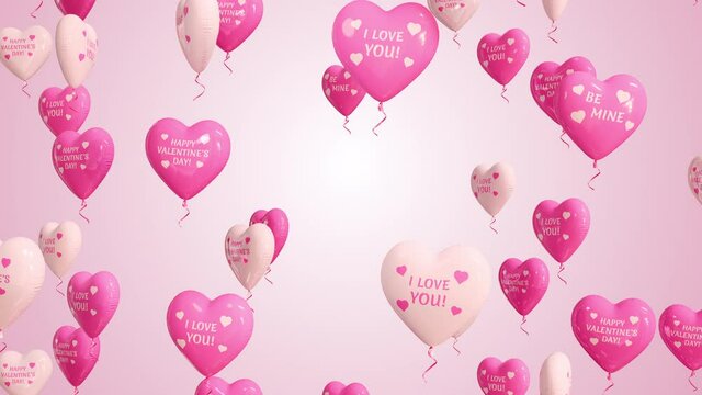Floating, flying up Valentine’s Day festive balloons animation. Pink, white colored heart shaped balloons with signs. Abstract romantic greeting background. Beautiful 3D Render seamless loop concept