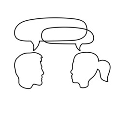 Dialogue between people. Outline the heads of characters. Communication and conversation. Woman and man are talking. Bubble cloud.