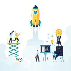 Startup project rocket. A group of people come up with an idea, start a new business project in a young creative business company. Career advancement to success, business analysis. Vector illustration