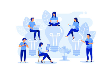 Business team working together, brainstorming, discussing ideas for project. People meeting at desk in office.  flat vector illustration 