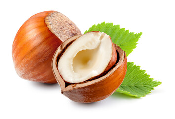 Filberts with leaves isolated on a white background.