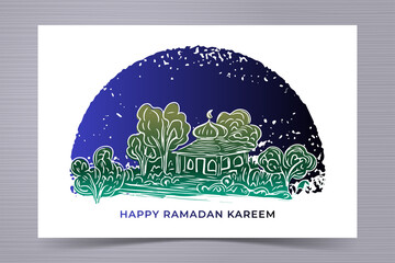Ramadan kareem greeting card with hand drawn of mosque and grunge background