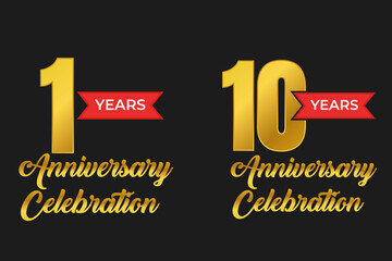 Luxury golden years happy anniversary celebration number with ribbon,  Flat design anniversary golden badges collection, Set of golden anniversary logo