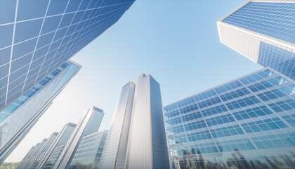 Obraz na płótnie Canvas 3d rendering of modern building or skyscraper and blue sky in city or downtown. That is real estate, property, house or residential. Concept for corporate, business center, finance and background.