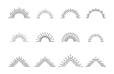 isolated black doodle sun rays, a set of vintage hand-drawn design elements, halves of the rising sun, explosion, fireworks, vector illustration for logo, emblem, tag, stamp, banner