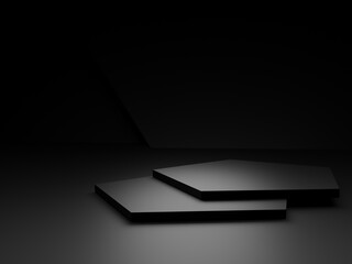 3D abstract black geometric background. Dark room stand.