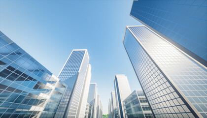 Naklejka na ściany i meble 3d rendering of modern building or skyscraper and blue sky in city or downtown. That is real estate, property, house or residential. Concept for corporate, business center, finance and background.