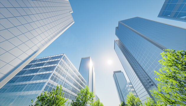3d rendering of modern building or skyscraper in city. That is real estate, property, house or residential. Include tree, blue sky and sunlight. Concept for corporate, center of business and finance.