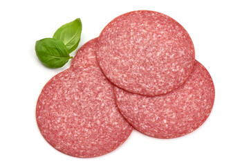 Salami sausage slices with basil, isolated on white background.