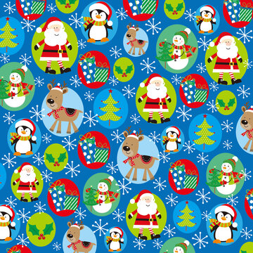 christmas seamless pattern with santa, snowman, reinderrr and gifts
