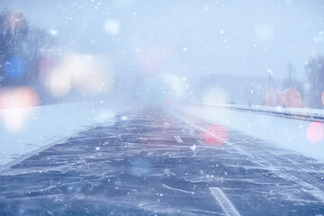 winter highway snowfall background fog poor visibility