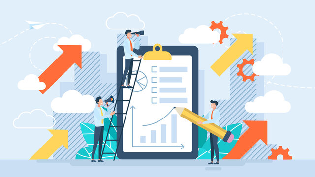 Business development strategy planning. Data analysis, cooperation of company departments. Scheduling a financial or economic strategy to develop the company. Tiny characters. Flat illustration