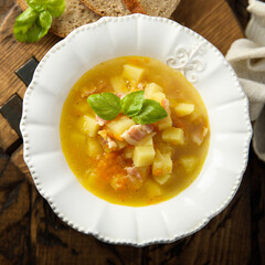 Traditional homemade pea soup with bacon