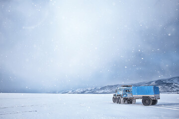 off-road vehicle on the ice of lake baikal, olkhon travel extreme road auto in winter