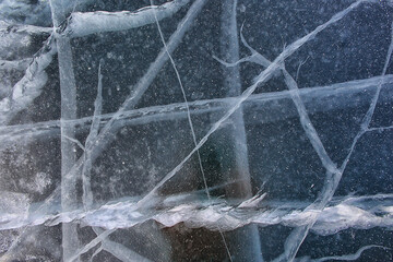 Naklejka premium ice texture cracks baikal, abstract background winter ice transparent blue