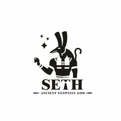 Ancient egyptian god seth silhouette. middle east storm king with crown and scepter  - obrazy, fototapety, plakaty