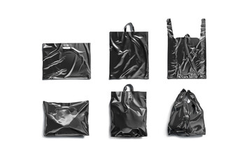 Blank black plastic bag mockup set, top view, different types