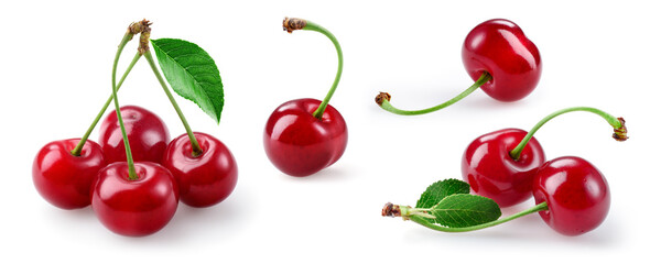 Fototapeta Cherry isolated. Sour cherry collection. Cherries with leaves on white background. Sour cherri set. obraz