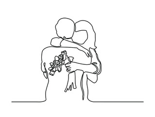 Man and woman hugging one line illustration. Happy girl got flowers from her boyfriend. Husband and wife