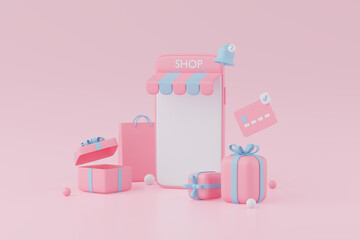 3d render of smartphone, shopping online concept with gift boxes and credit card.