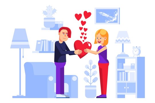 People congratulates each other on Valentines day in living room. Vector love illustration.