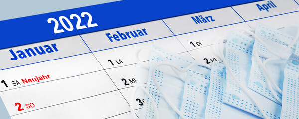Deutscher Kalender 2022 Januar Februar März April mit Corona Pandemie und medizinischen Masken