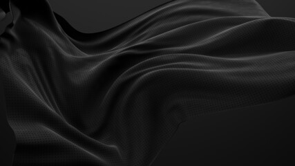 Black fabric in the wind, abstract dynamic textile material, flying cloth 3d rendering